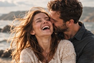 A couple laughing together by the sea