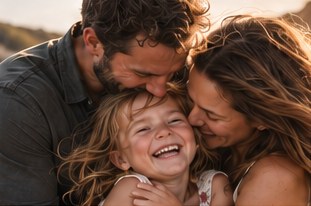 Parents hugging their laughing daughter
