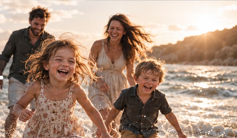A family laughing and running through the surf at sunset